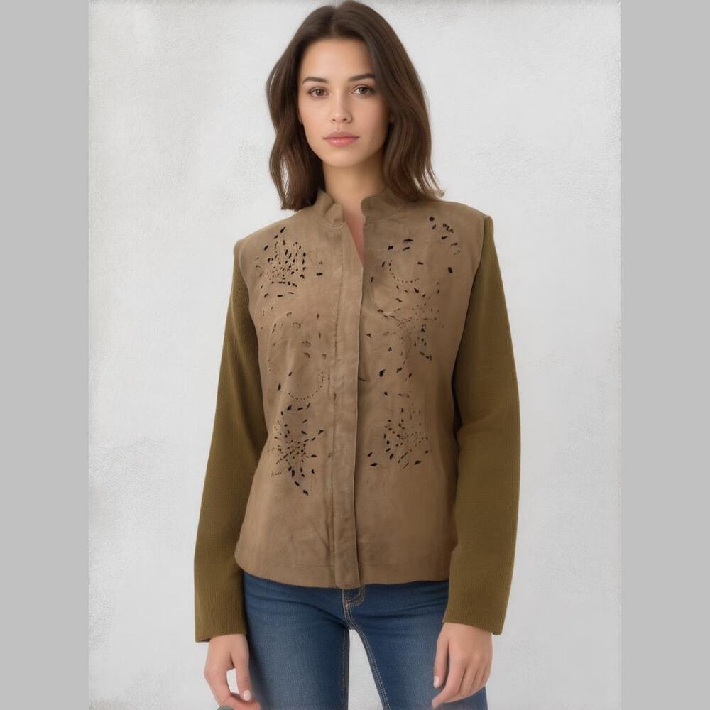 Coldwater Creek Tan Leather Laser Cut Body Sweater Long Sleeves Zip Jacket L NWT